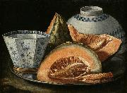 A Still-Life with Melon, an octagonal blue and white cup on a Silver Charger Cristoforo Munari